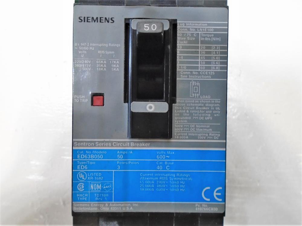 Siemens Sentron Circuit Breaker, 50 Amps, 600 VAC, 3-Pole, ED63B050